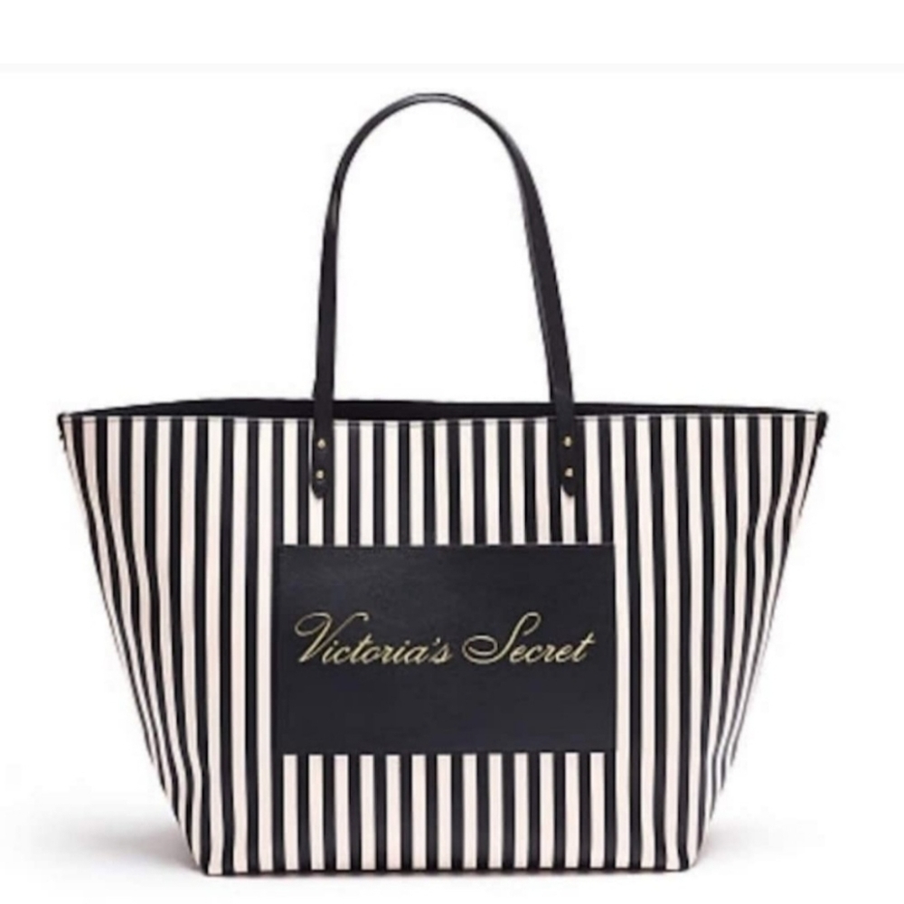 VICTORIA'S SECRET LARGE BLUSH PINK & BLACK STRIPED SHOPPER TOTE BAG #5 - Picture 9 of 10